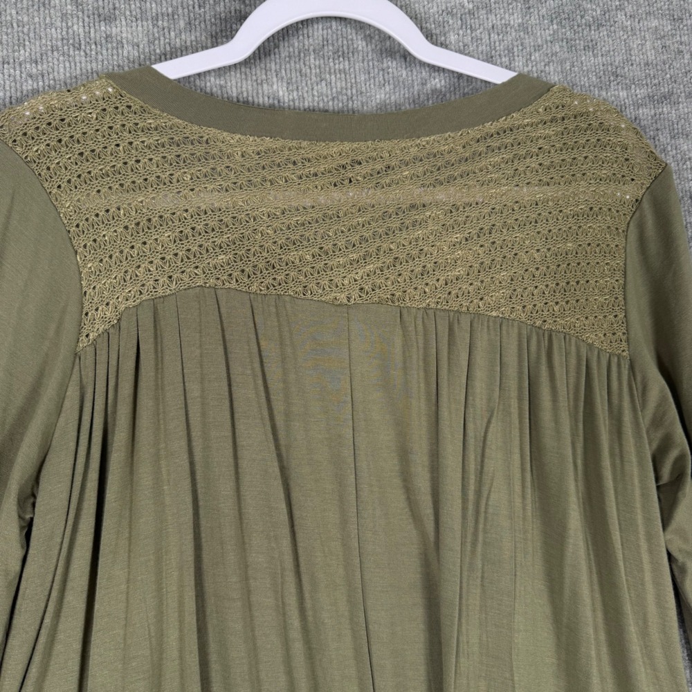 Suzanne Betro Size-L Tunic Top Olive Green Lace Trim Sharkbite Long Sleeve - Picture 6 of 10
